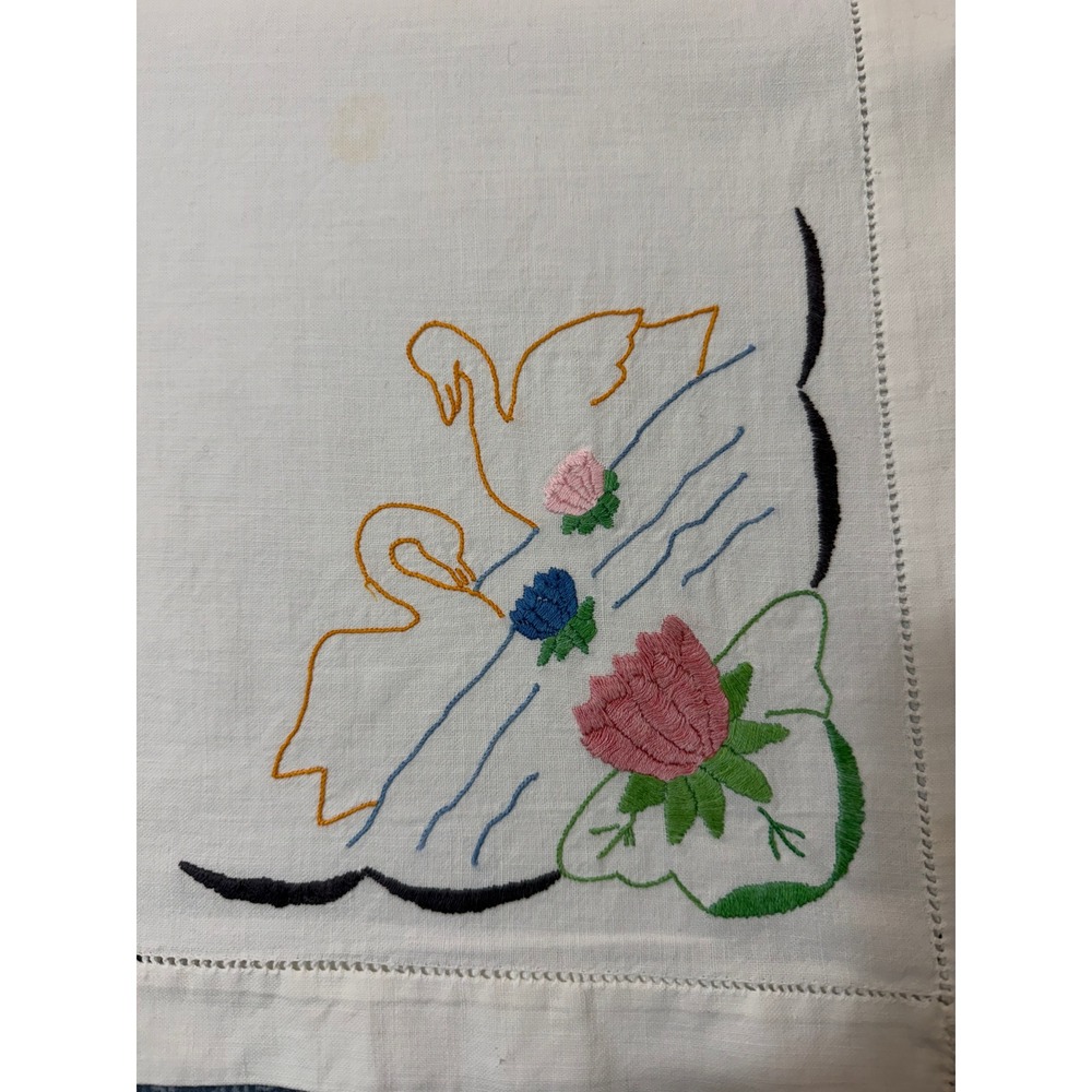 Vintage Hand Embroidered Swan Linen Tablecloth Topper 41x38.5 Cottagecore
